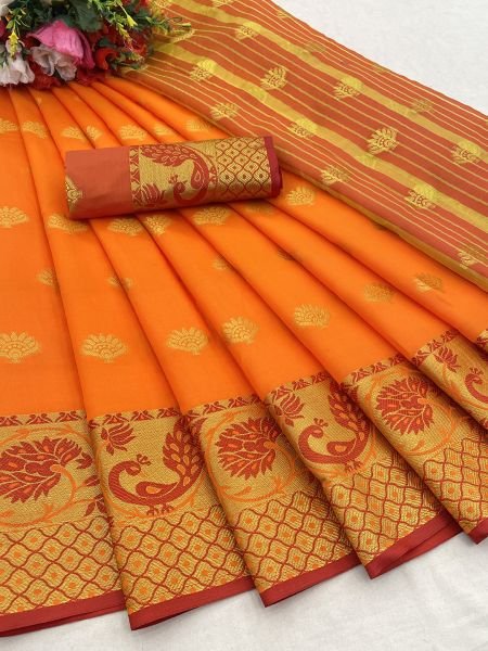Orange Banarasi Cotton Silk Saree with Jacquard Zari Weaving Sale