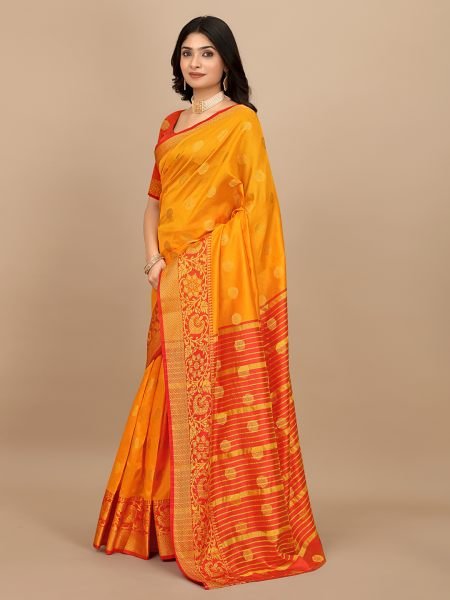 Orange Ready To Wear Cotton Silk Woven Zari Jacquard Banarasi Traditional Saree Banarasi Sarees