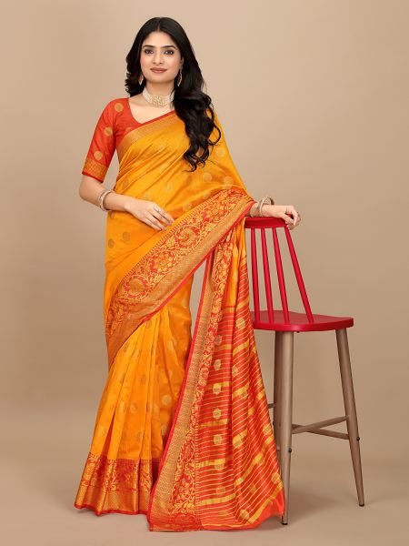 Orange Ready To Wear Cotton Silk Woven Zari Jacquard Banarasi Traditional Saree Banarasi Sarees