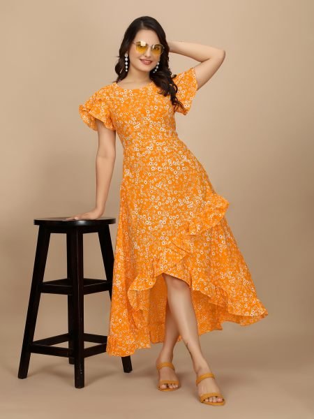 Orange Floral Elegance High Low Ruffle Hemline Crape Dress with Butterfly Sleeves Sale