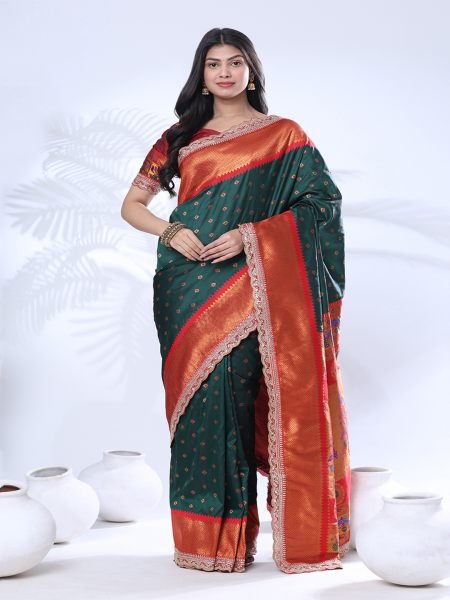 Paithani Pure Silk Embroidery Lace Border Green Saree Saree
