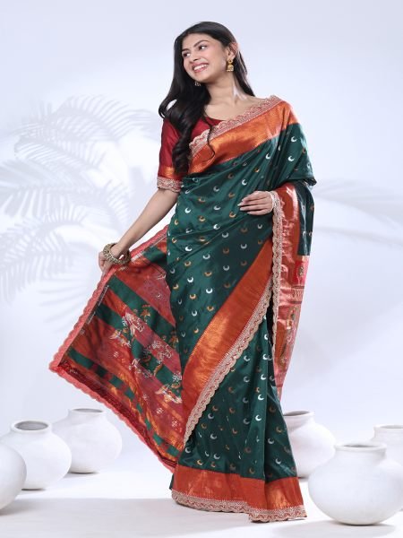 Paithani Pure Silk Embroidery Lace Border Green Saree Sale