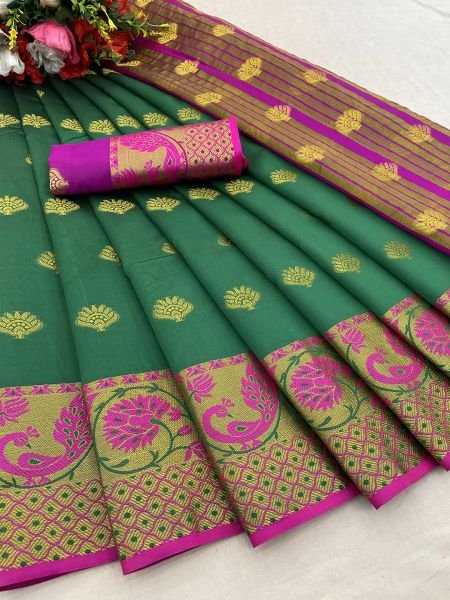 Parrot Green Banarasi Cotton Silk Saree with Jacquard Zari Weaving Sale