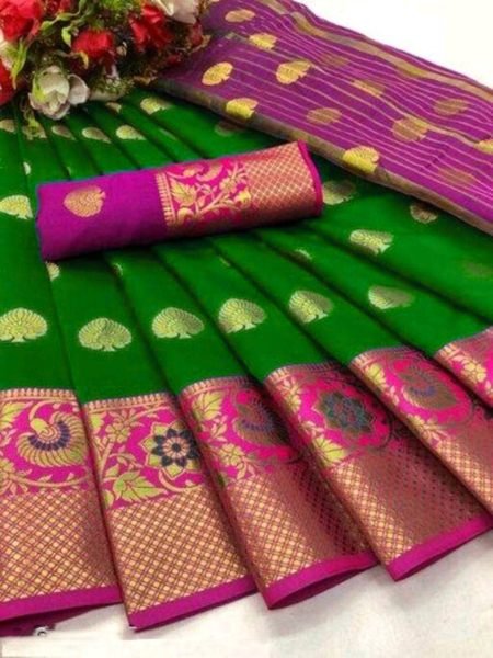 Parrot Green Cotton Silk Banarasi Saree with Zari Woven Jacquard for Festive Wear Sale