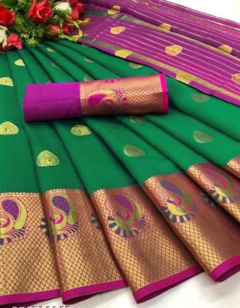 Parrot Green Cotton Silk Jacquard Woven Banarasi Saree with Zari for Festive Occasions Sale