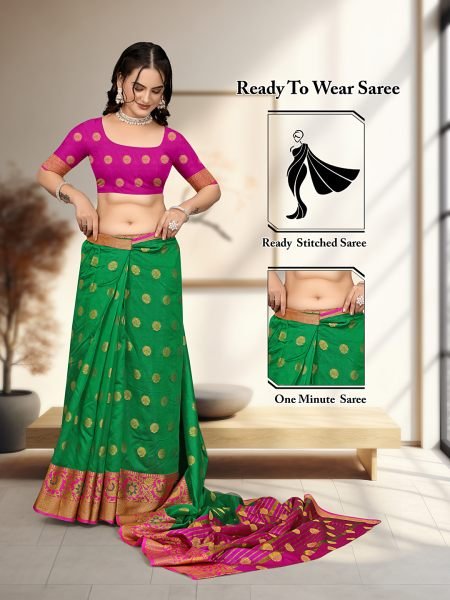 Parrot Green Ready To Wear Cotton Silk Woven Zari Jacquard Banarasi Traditional Saree Sale