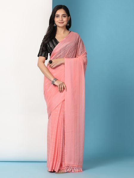 Peach Ready To Wear Chiffon Saree With Stitched Blouse Sale