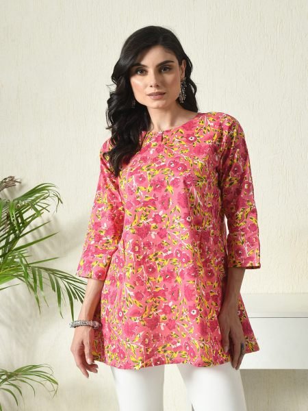 Pink Floral Printed Cotton Blend Top with Keyhole Neck Kurtis & Tunics