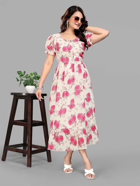 Pink Georgette Floral Print Puff Sleeve Maxi Dress for Stunning Party Looks Dresses
