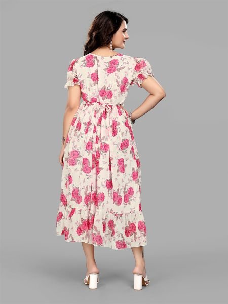 Pink Georgette Floral Print Puff Sleeve Maxi Dress for Stunning Party Looks Dresses