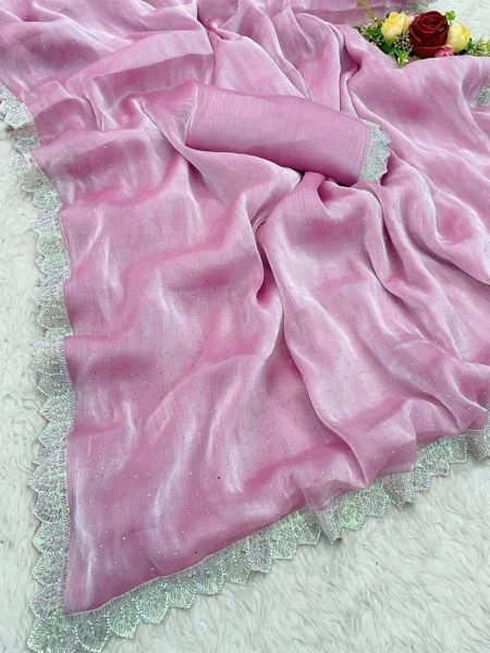 Pink Organza Beads and Val Border Party Wear Saree Sale
