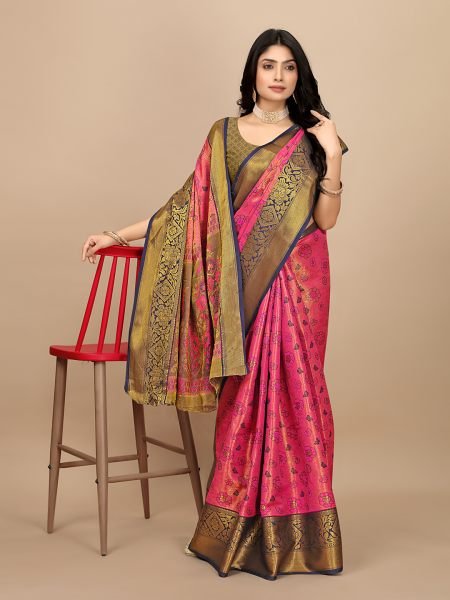 Pink Pure Silk Fabric Woven Jacquard     Dharmavaram Pattu Tradition Pattu Sarees