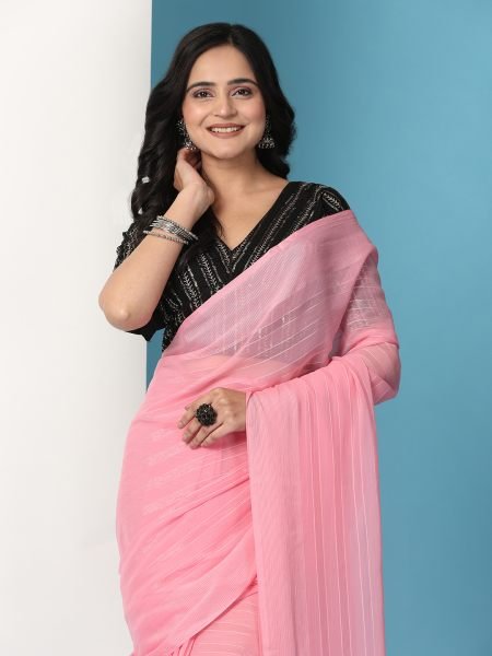 Pink Ready To Wear Chiffon Saree With Stitched Blouse Sale