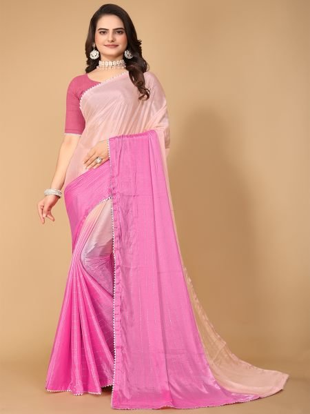 Pink Solid Plain Lace Border Fix Diamond Work Designer Saree Silk Sarees