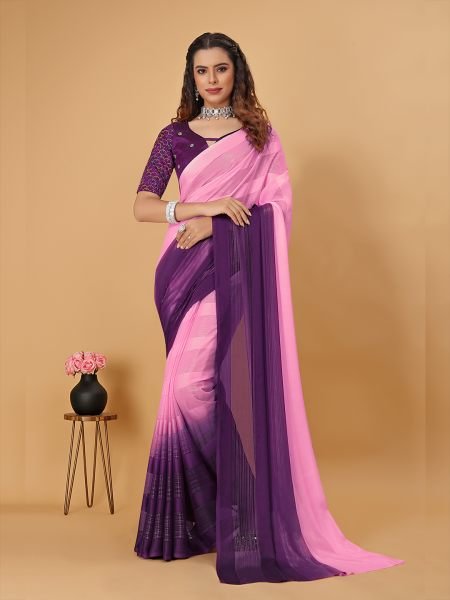 Pink   Wine Plain Satin Striped Georgette Saree Printed Sarees
