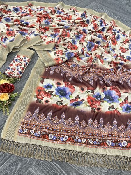 Pista Cotton Silk Handloom Printed Saree with Tassel Border Pallu Sale