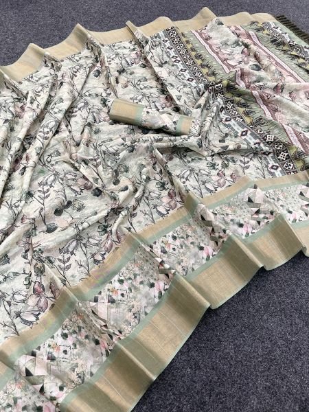 Pista Green Cotton Silk Handloom Printed Saree with Tassel Border Pallu Sale