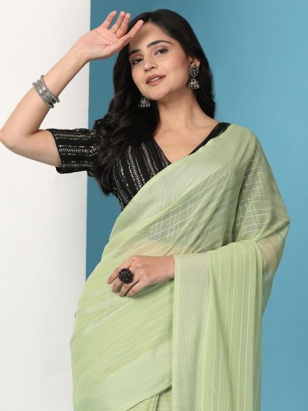 Pista Ready To Wear Chiffon Saree With Stitched Blouse Sale