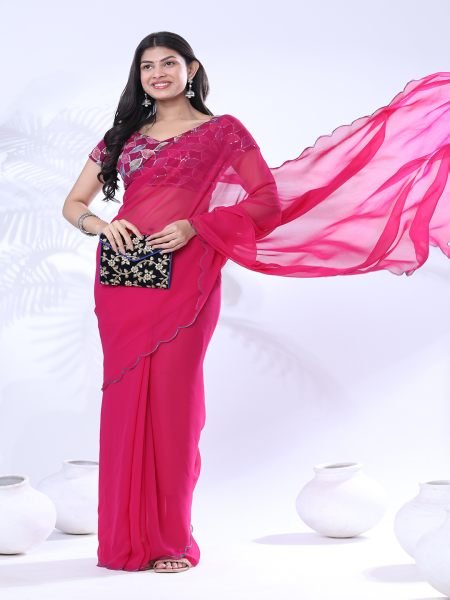 Georgette Scallop Border Red Saree With Embroidery Blouse	 Sale