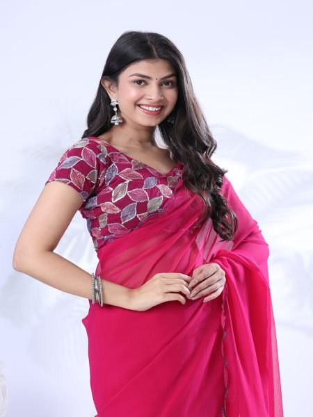 Georgette Scallop Border Red Saree With Embroidery Blouse	 Designer Sarees