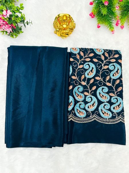 Plain Solid Silk Saree with Embroidered Thread   Bead Work Blouse   Elegant Festival   Party Wear Saree Daily Deals