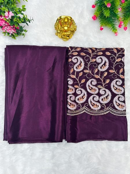 Plain Solid Silk Saree with Embroidered Thread   Bead Work Blouse   Elegant Festival   Party Wear Saree Silk Sarees