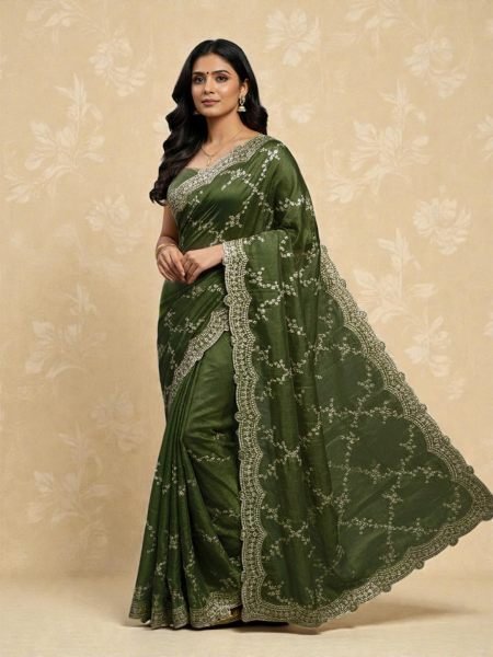 Premium Chiffon Satin Silk Saree with All Over Lehriya Sequin Work   Scalloped Embroidered Border Daily Deals