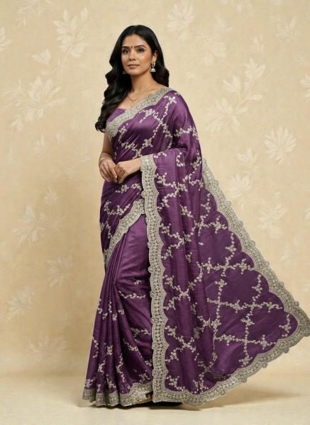 Premium Chiffon Satin Silk Saree with All Over Lehriya Sequin Work   Scalloped Embroidered Border Designer Sarees