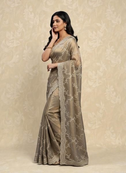 Premium Chiffon Satin Silk Saree with All Over Lehriya Sequin Work   Scalloped Embroidered Border Designer Sarees