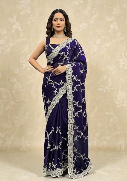 Premium Chiffon Satin Silk Saree with All Over Lehriya Sequin Work   Scalloped Embroidered Border Designer Sarees