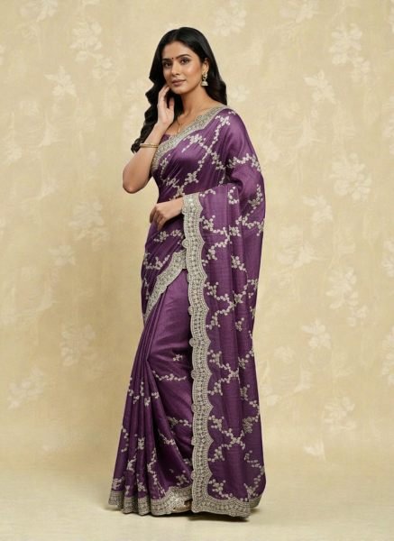 Premium Chiffon Satin Silk Saree with All Over Lehriya Sequin Work   Scalloped Embroidered Border Designer Sarees