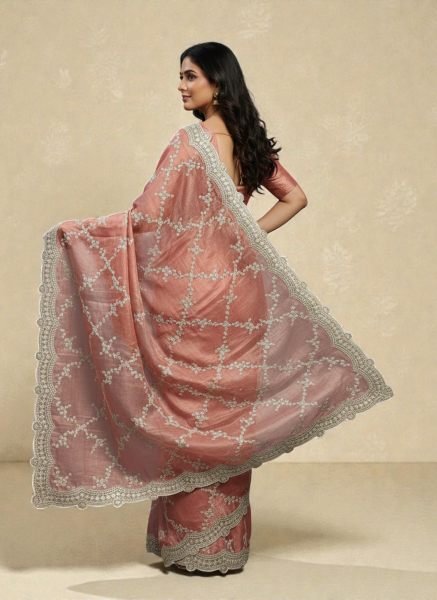 Premium Chiffon Satin Silk Saree with All Over Lehriya Sequin Work   Scalloped Embroidered Border Designer Sarees