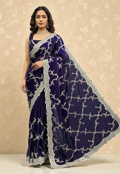 Premium Chiffon Satin Silk Saree with All Over Lehriya Sequin Work   Scalloped Embroidered Border Designer Sarees