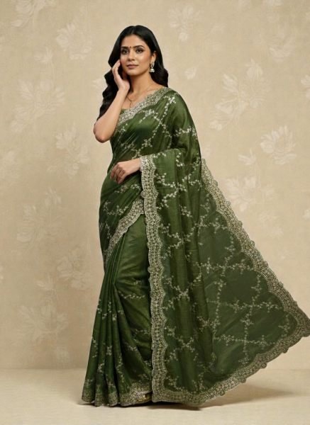Premium Chiffon Satin Silk Saree with All Over Lehriya Sequin Work   Scalloped Embroidered Border Designer Sarees