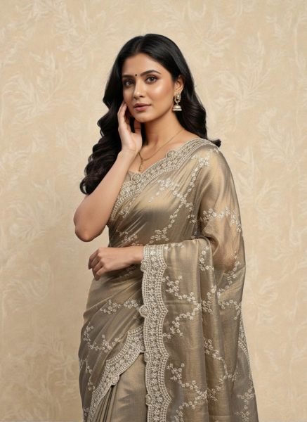 Premium Chiffon Satin Silk Saree with All Over Lehriya Sequin Work   Scalloped Embroidered Border Designer Sarees