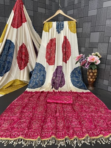 Premium Satin Silk Bandhani Print Saree with Contrast Border