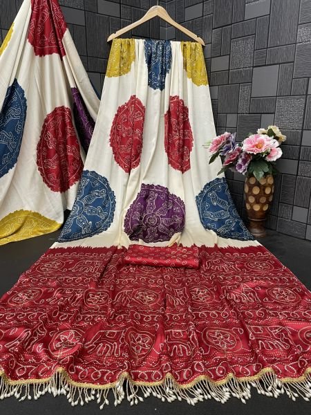 Premium Satin Silk Bandhani Print Saree with Contrast Border