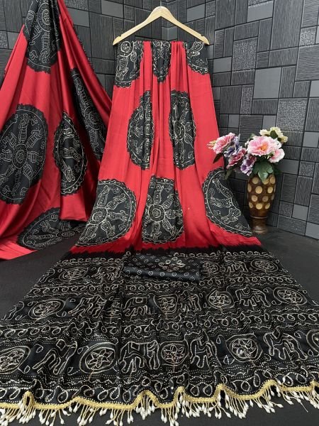 Premium Satin Silk Bandhani Print Saree with Contrast Border