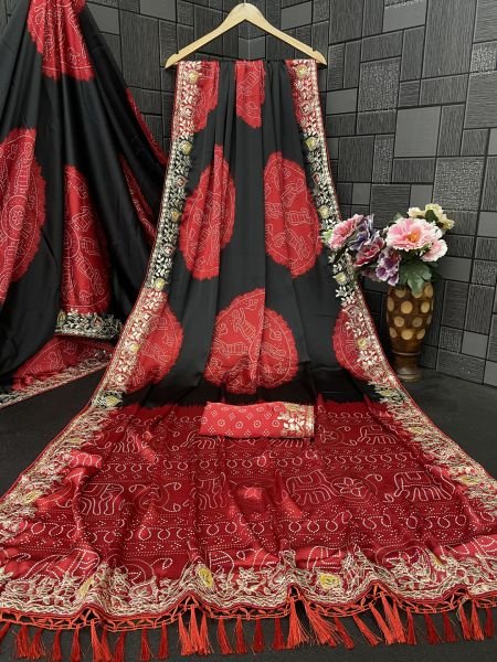 Premium Satin Silk Celebration Saree  Intricate Embroidery   Bandhani Moti