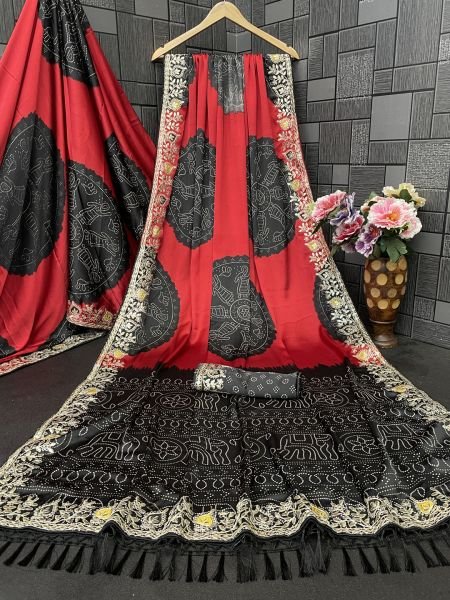 Premium Satin Silk Celebration Saree  Intricate Embroidery   Bandhani Moti