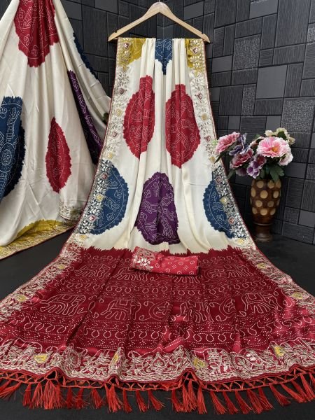 Premium Satin Silk Celebration Saree  Intricate Embroidery   Bandhani Moti