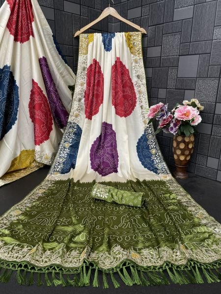 Premium Satin Silk Celebration Saree  Intricate Embroidery   Bandhani Moti