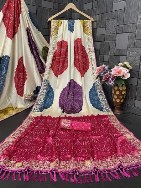 Premium Satin Silk Celebration Saree  Intricate Embroidery   Bandhani Moti