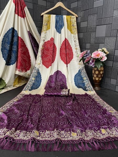 Premium Satin Silk Celebration Saree  Intricate Embroidery   Bandhani Moti