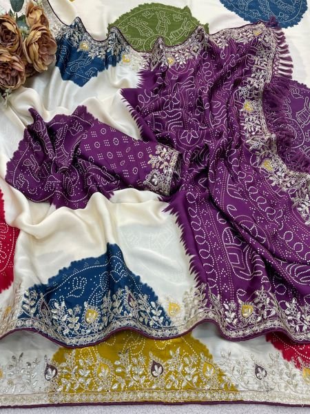 Premium Satin Silk Celebration Saree  Intricate Embroidery   Bandhani Moti