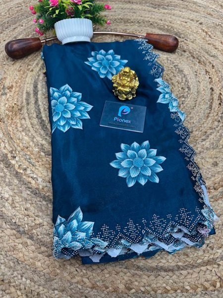 Printed Chinon Saree with Sparkling Siroksi Diamond Work Border Printed Sarees