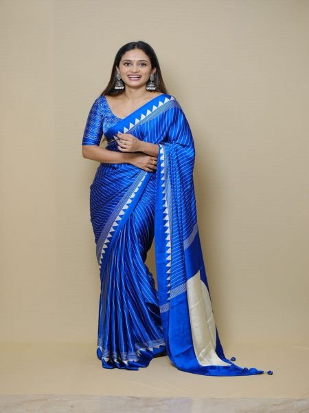 Pure Crepe Silk Saree with Vertical Pinstripes   Contemporary Temple Border Printed Sarees