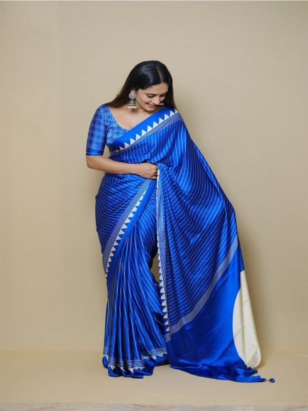Pure Crepe Silk Saree with Vertical Pinstripes   Contemporary Temple Border Printed Sarees