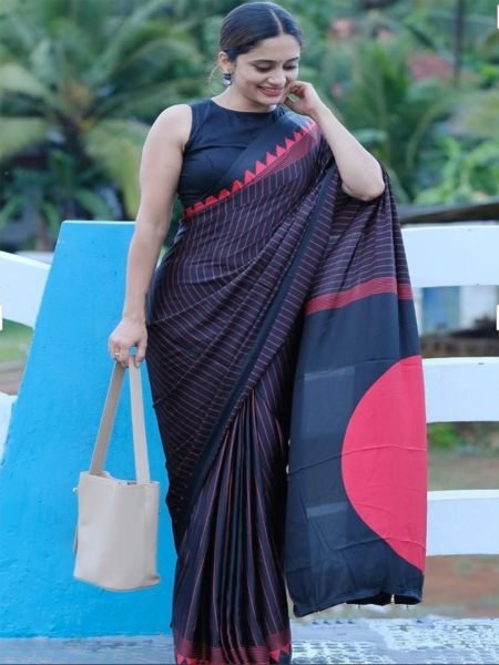 Pure Crepe Silk Saree with Vertical Pinstripes   Contemporary Temple Border Printed Sarees