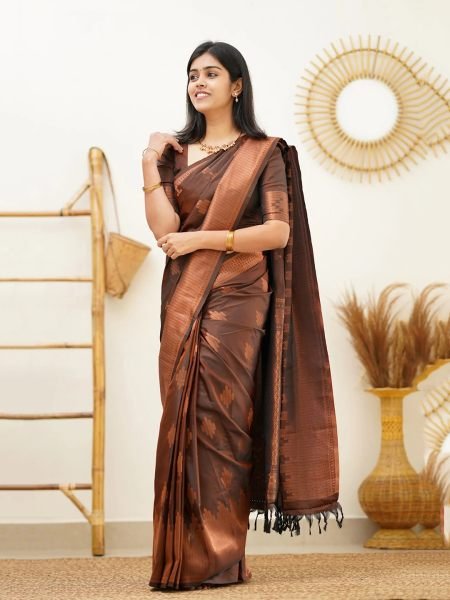 Pure Silk Jacquard Woven Brown Banarasi Saree Sale